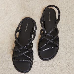 Black Real Leather Twist Strap Sandals